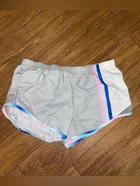 Varsity Spirit NCA Light Gray Cheer Shorts with Pink & Blue Stripe